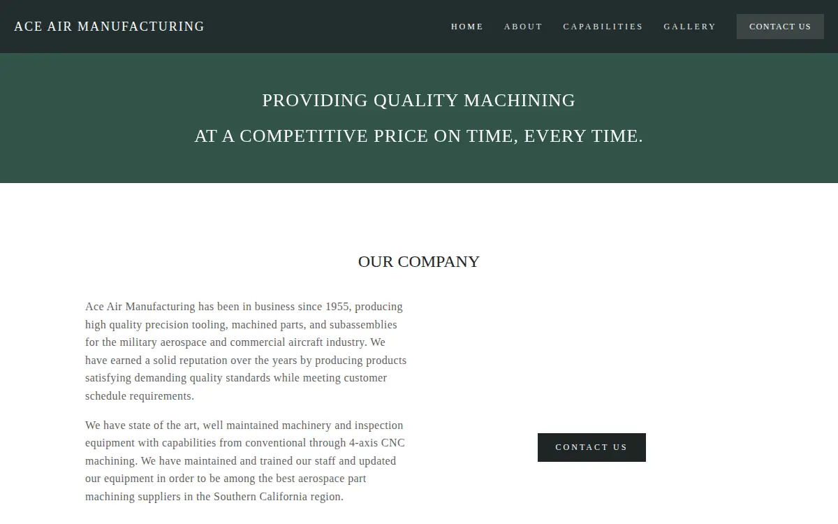Homepage of Ace Air Manufacturing