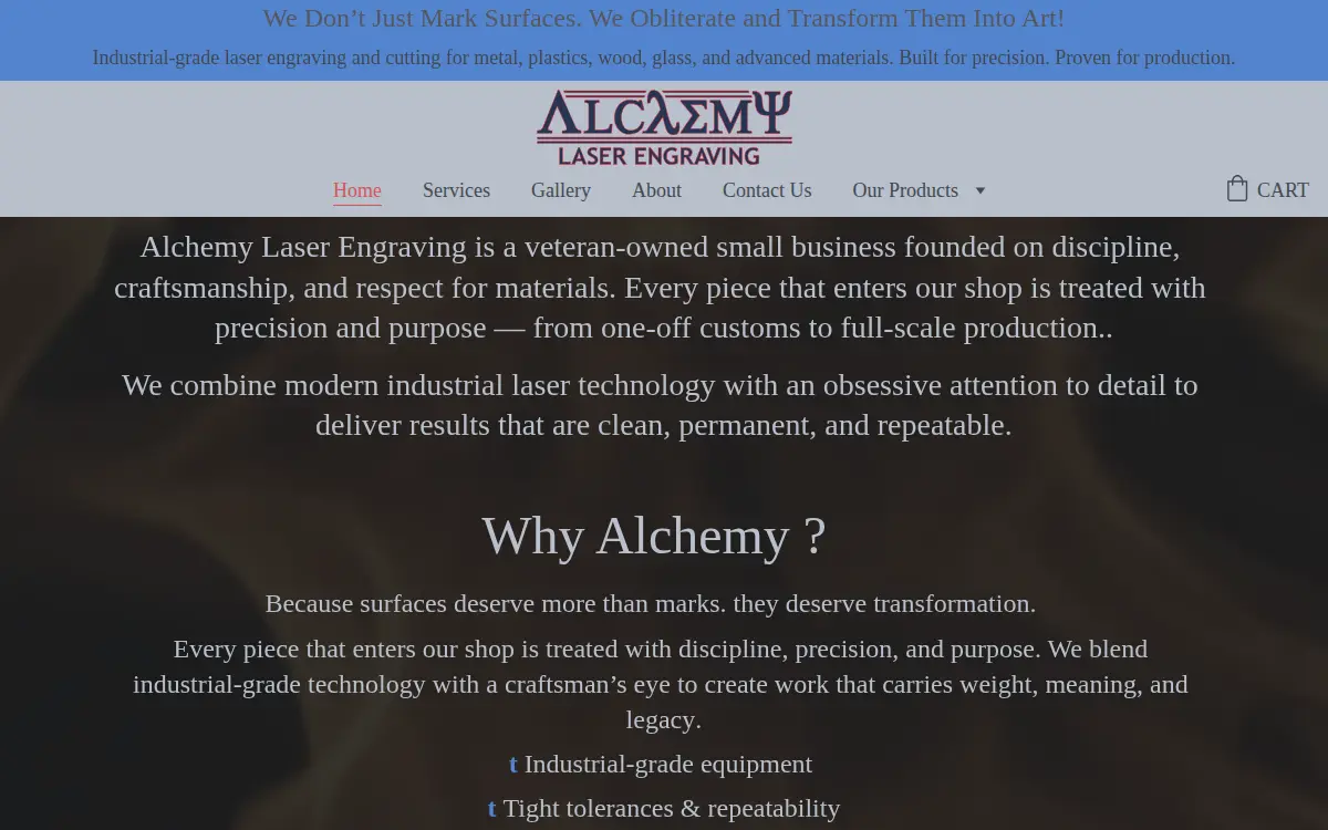 Homepage of Alchemy Laser Engraving, LLC