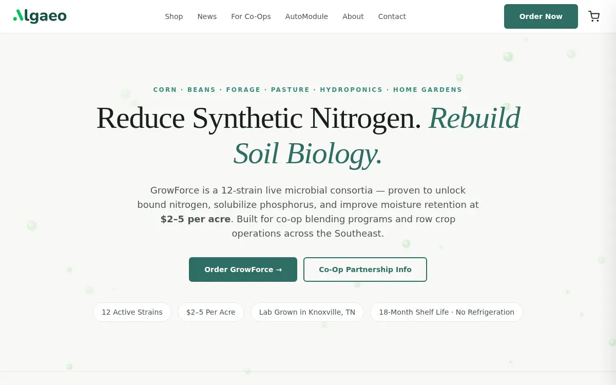 Homepage of Algaeo, LLC