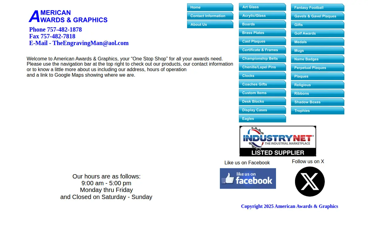 Homepage of American Awards & Graphics, INC