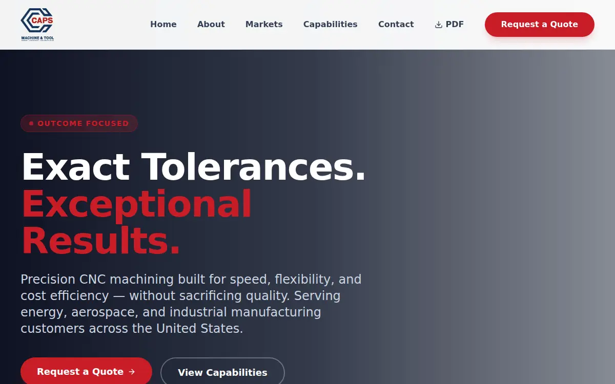 Homepage of Caps Machine and Tool, LLC