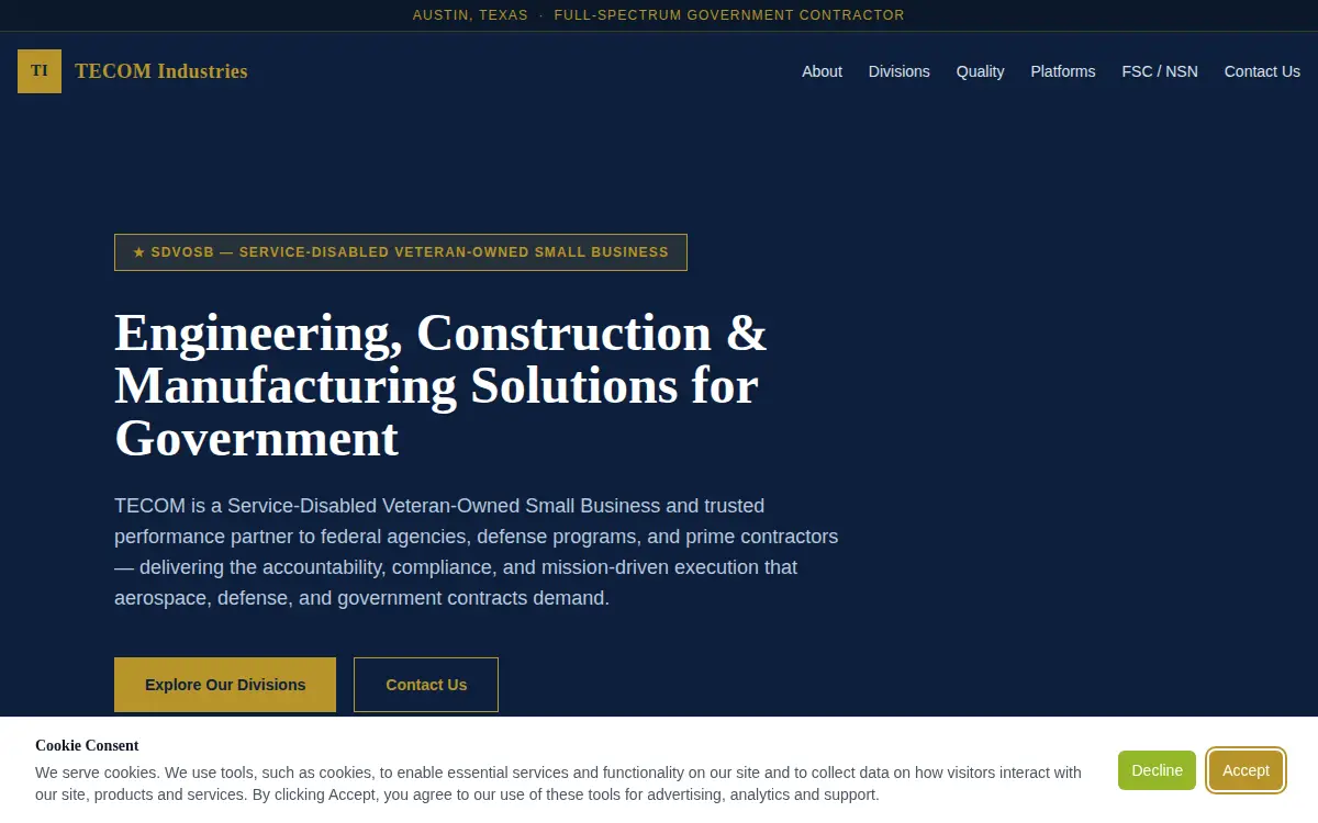 Homepage of Tecom Industries LLC
