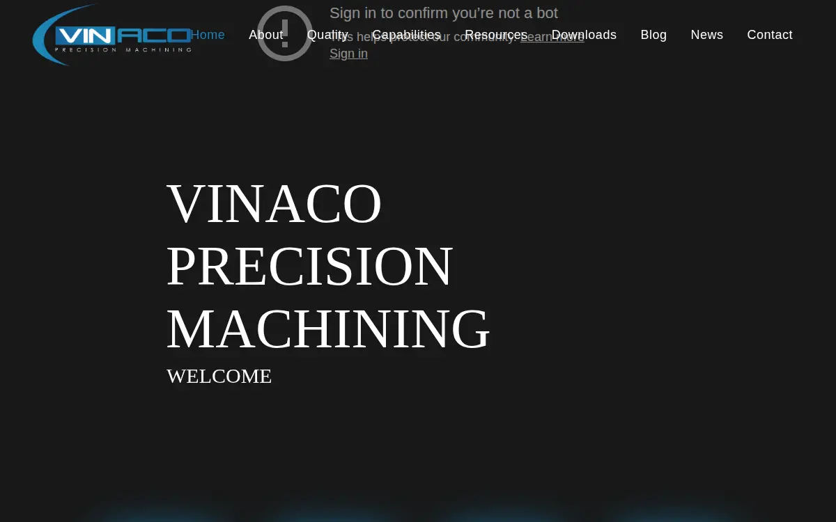 Homepage of Vinaco Precision Machining, LLC.