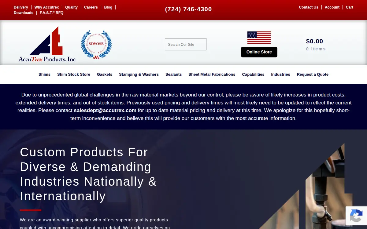 Homepage of Accutrex Products INC
