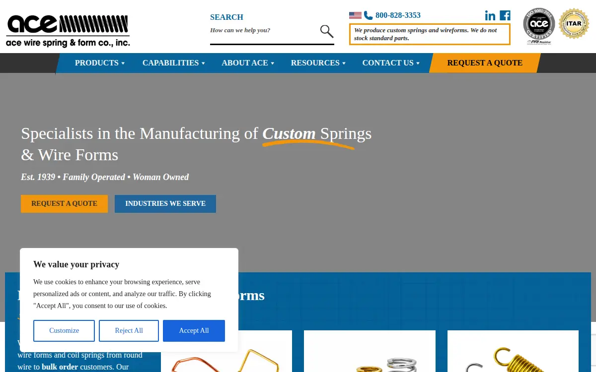 Homepage of Ace Wire Spring & Form CO INC