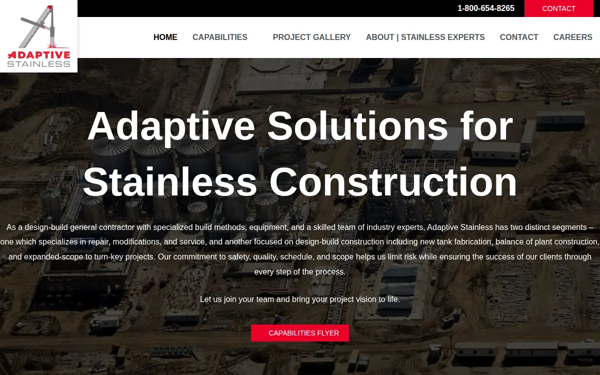 Homepage of Adaptive Stainless, INC.