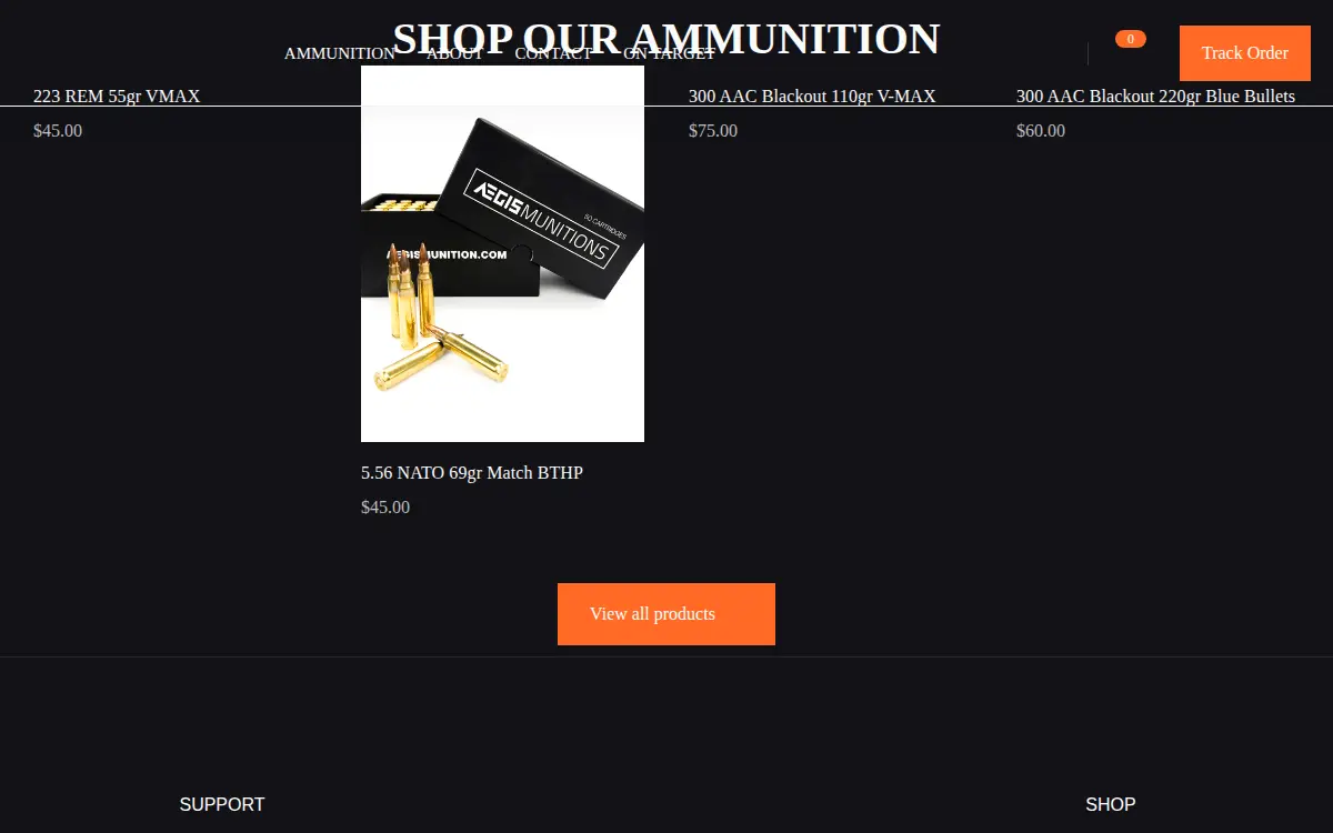 Homepage of Aegis Munitions LLC