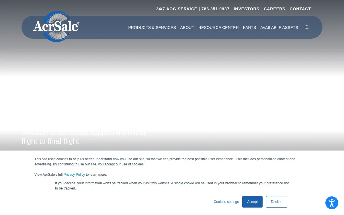 Homepage of Aersale Component Solutions, INC.