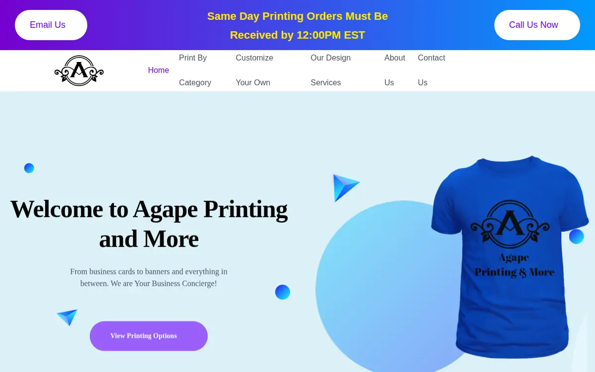 Homepage of Agape Printing and More: Your Business Concierge, LLC