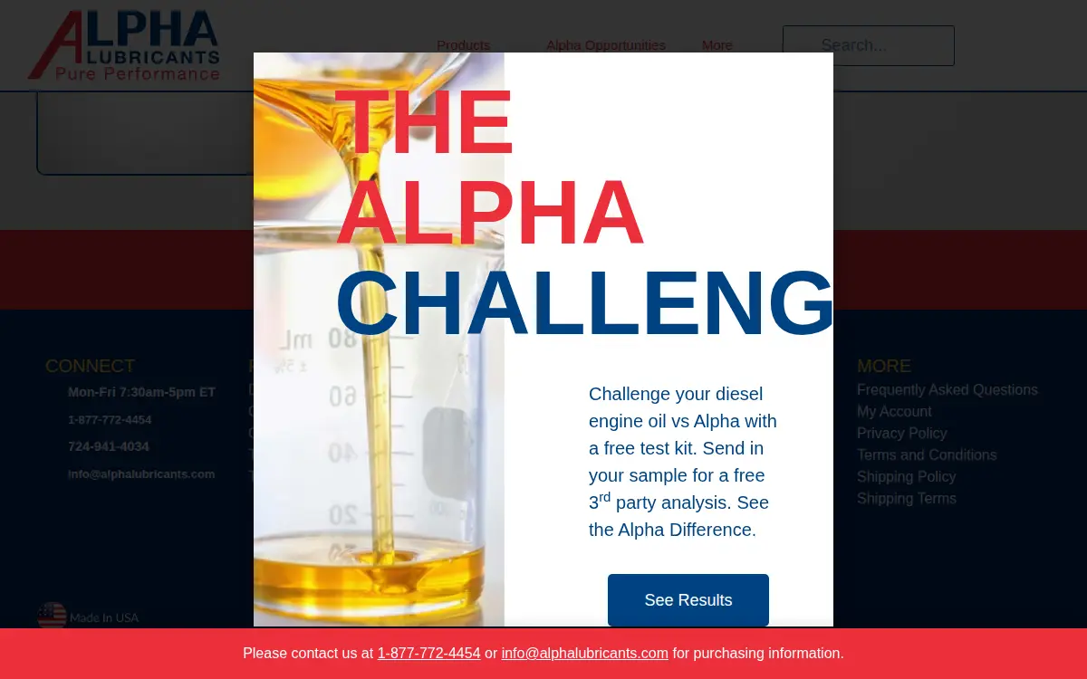 Homepage of Alpha Lubricants, LLC