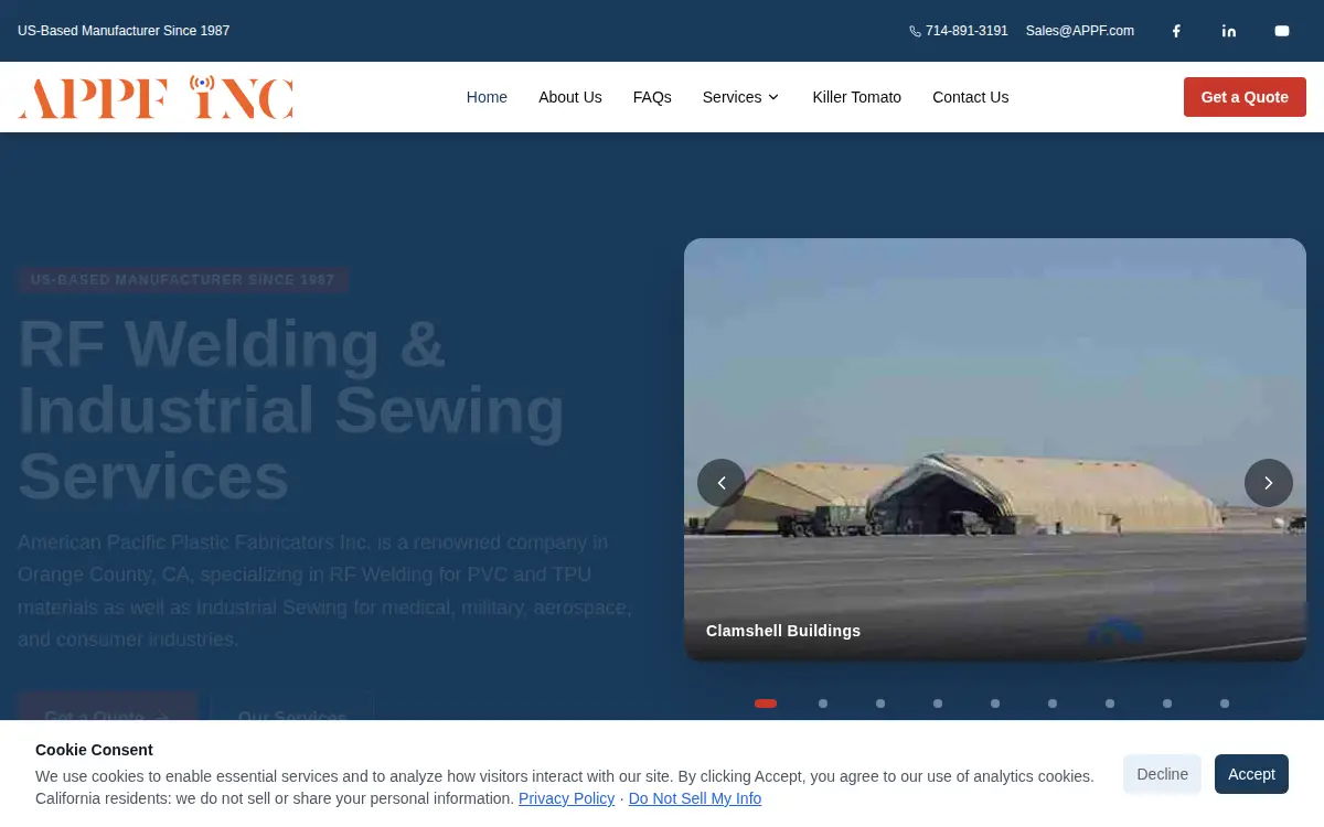 Homepage of American Pacific Plastic Fabricators, INC.
