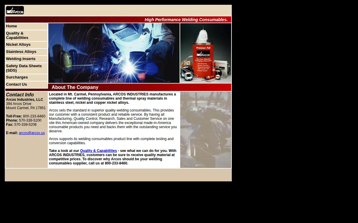 Homepage of Arcos Industries LLC