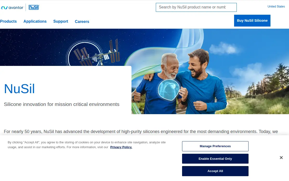 Homepage of Nusil Technology LLC