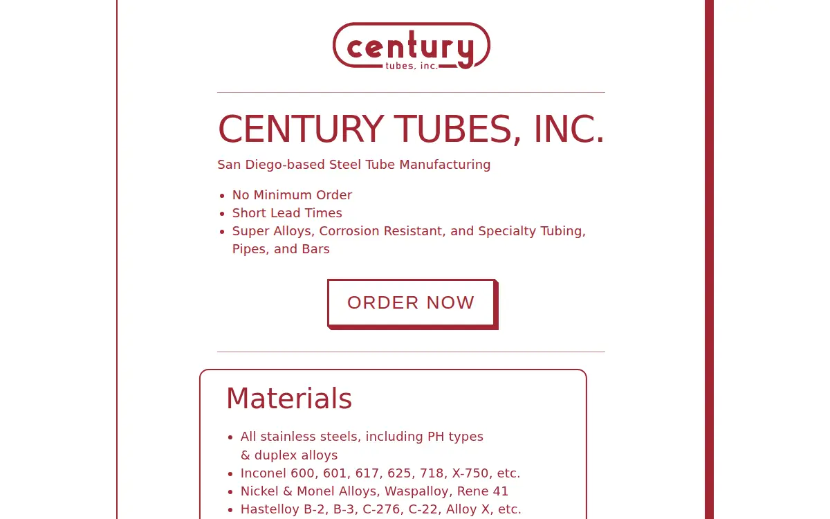Homepage of Century Tubes, INC.