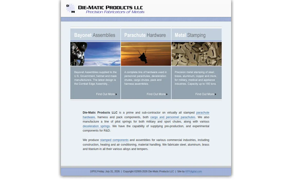 Homepage of Die-matic Products, LLC