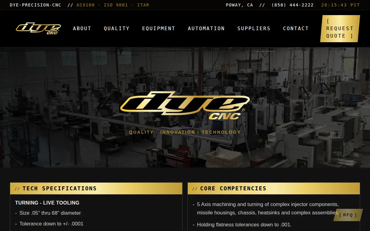 Homepage of Dye Precision Cnc, INC.