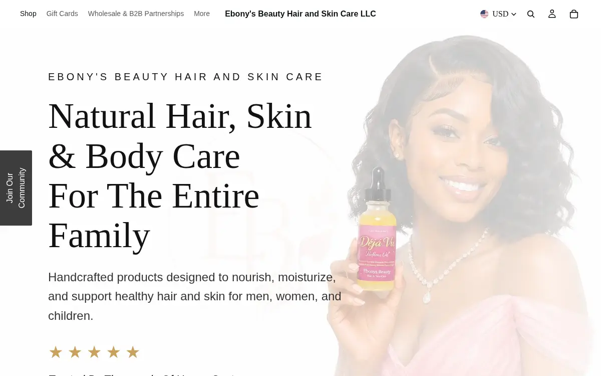 Homepage of Ebony's Beauty Hair and Skin Care LLC