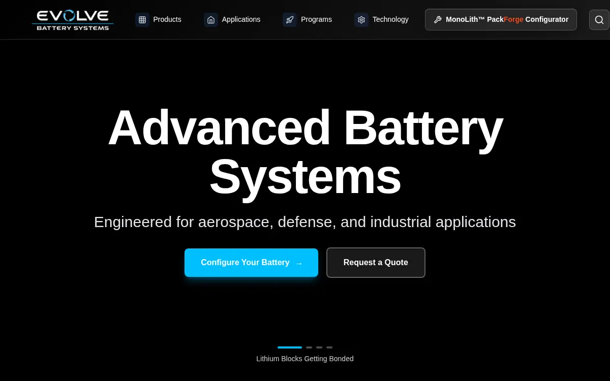 Homepage of Evolve Battery Systems, LLC