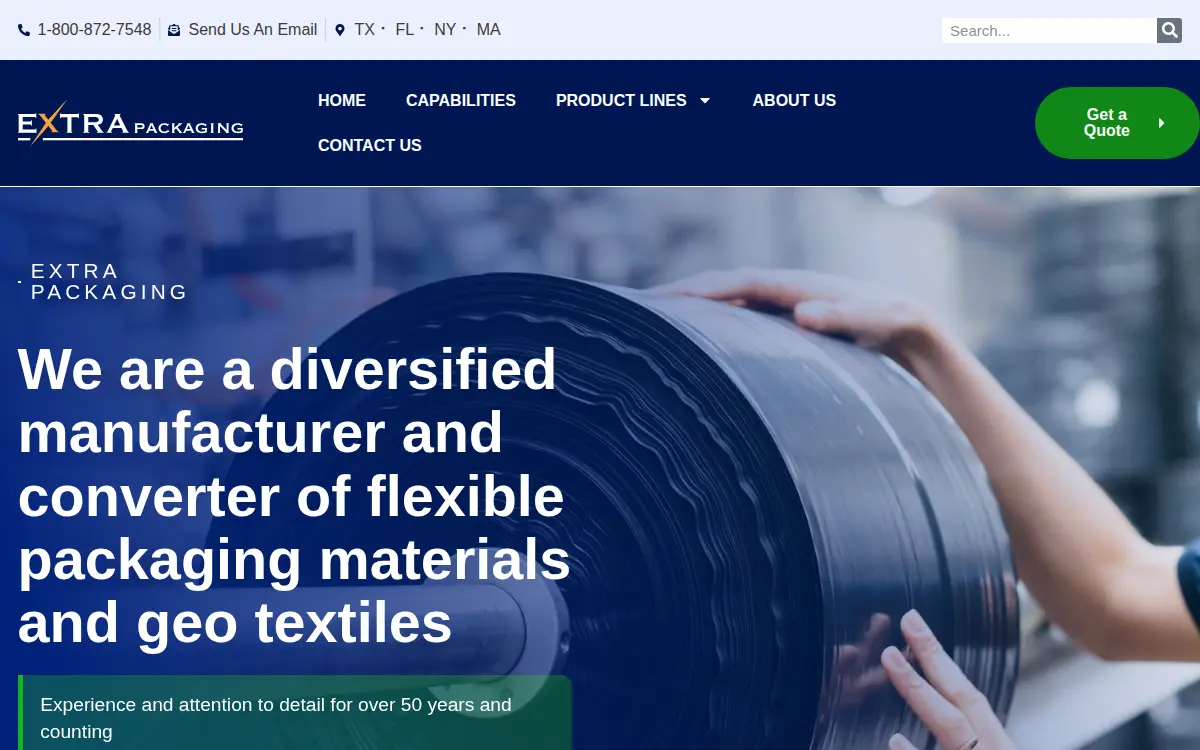 Homepage of Extra Packaging LLC