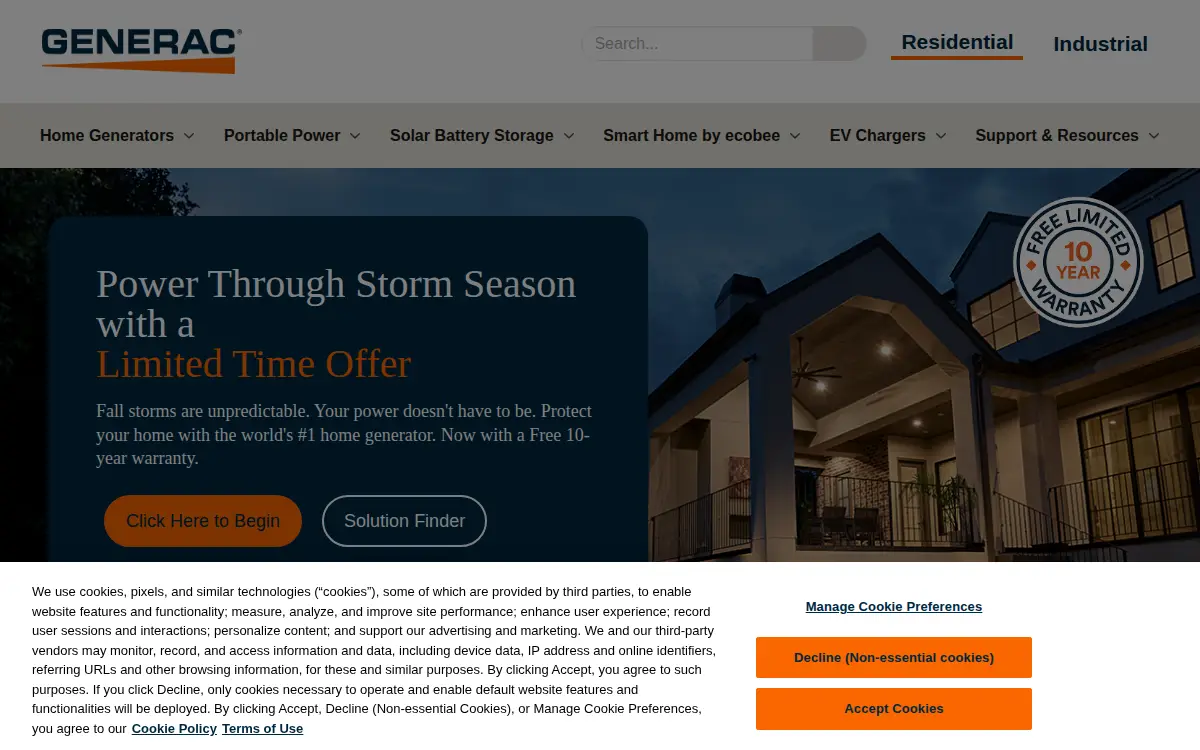 Homepage of Generac Power Systems, INC.