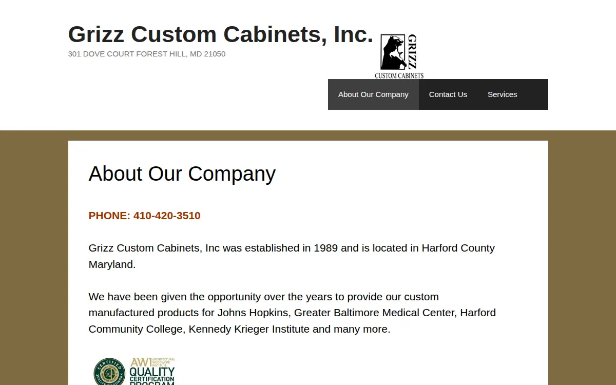 Homepage of Grizz Custom Cabinets, INC
