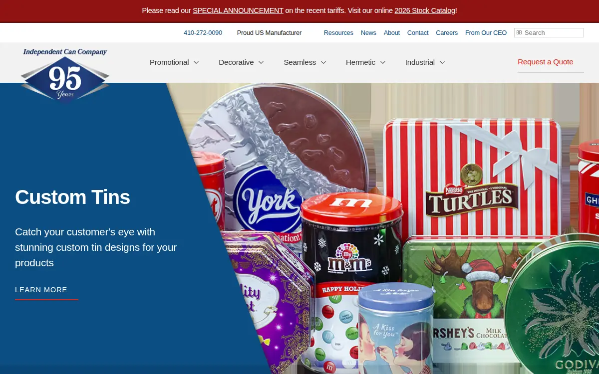 Homepage of Independent Can Company