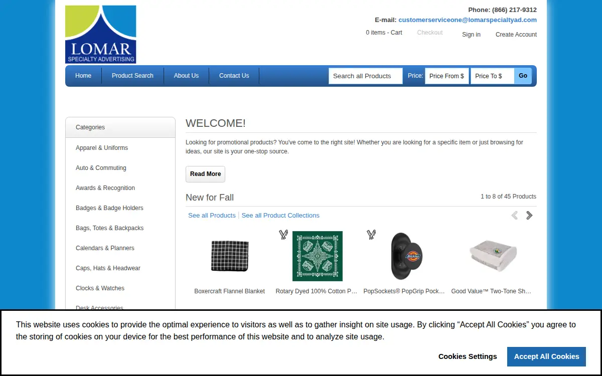 Homepage of Lomar Specialty Advertising, INC.
