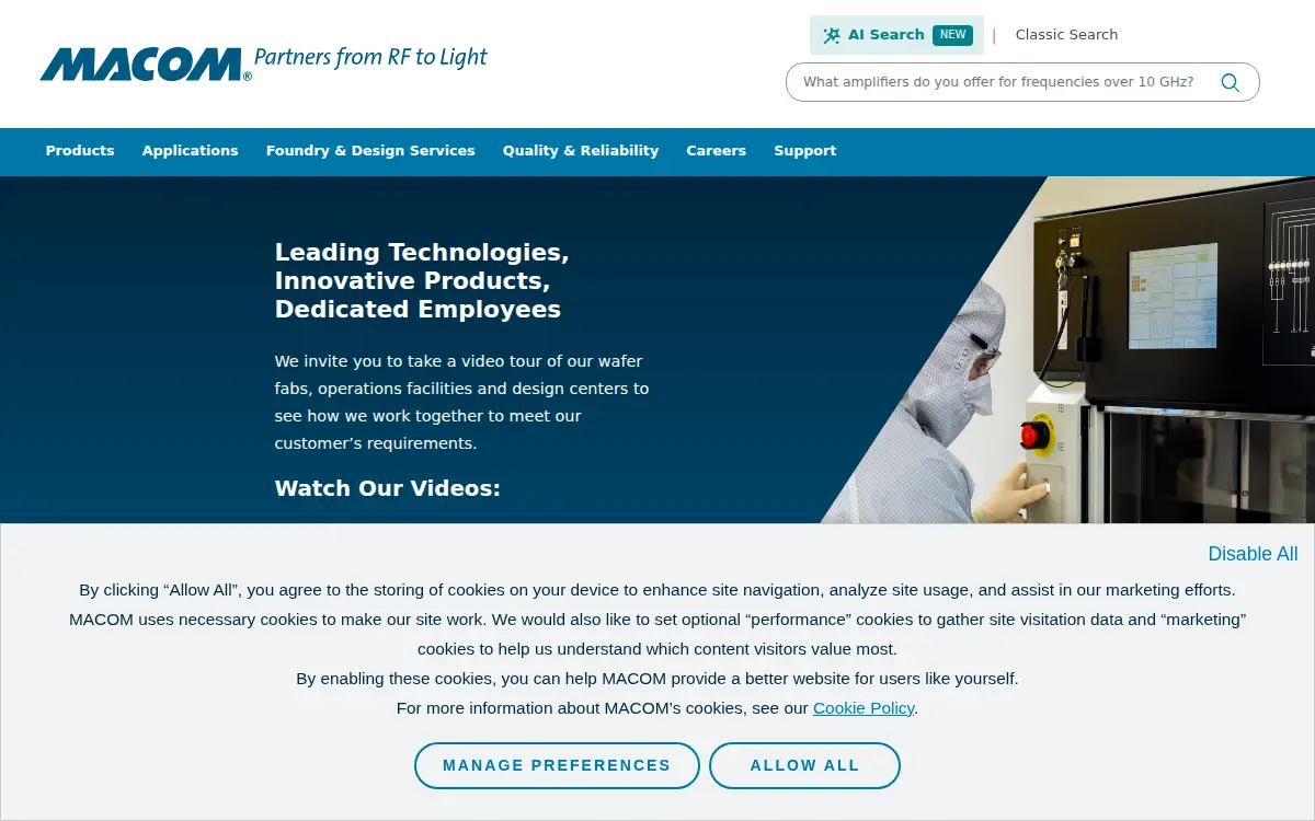 Homepage of Macom Technology Solutions INC.