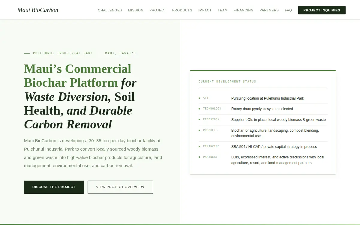 Homepage of Maui Biocarbon LLC