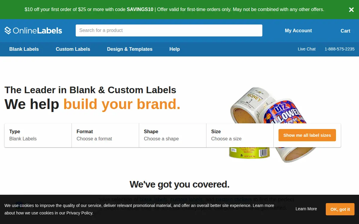 Homepage of Online Labels LLC