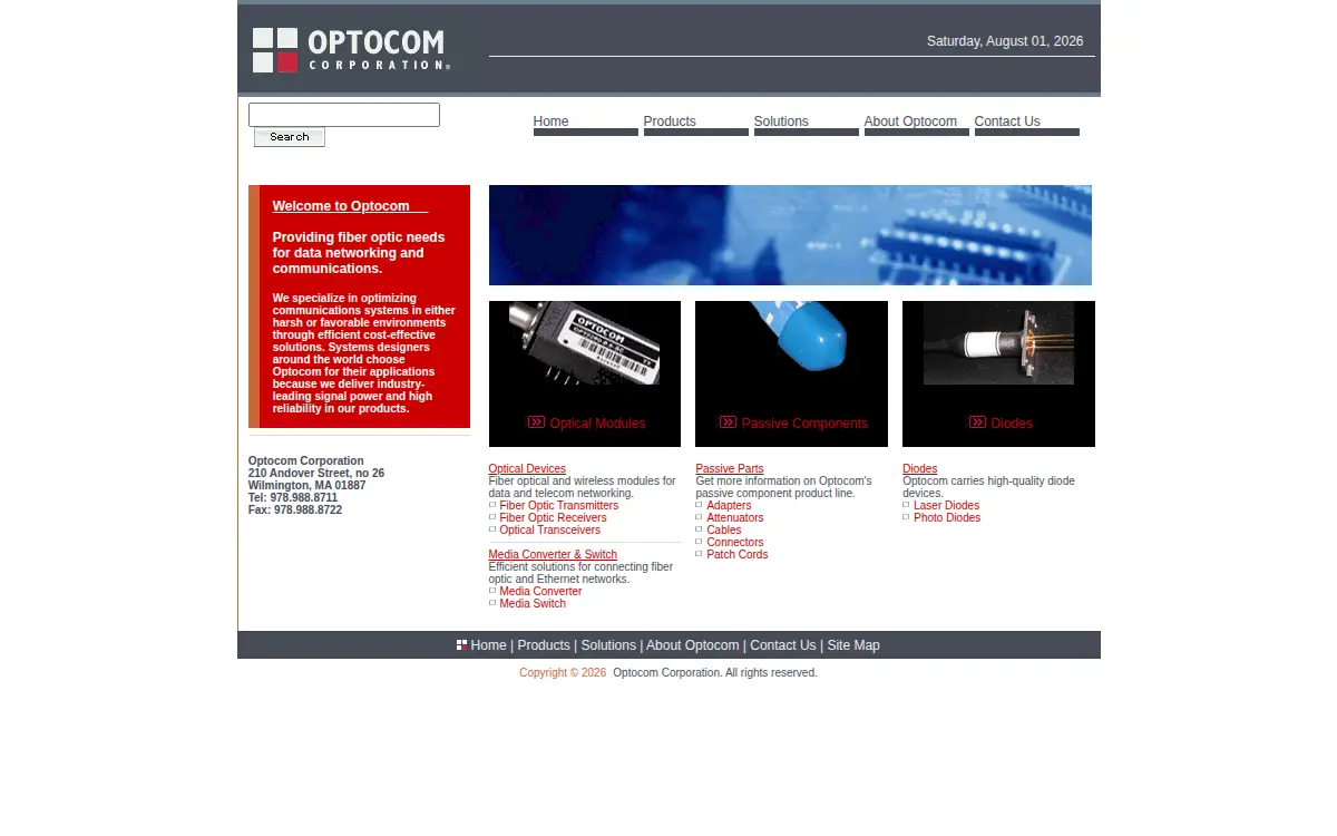 Homepage of Optocom Corporation