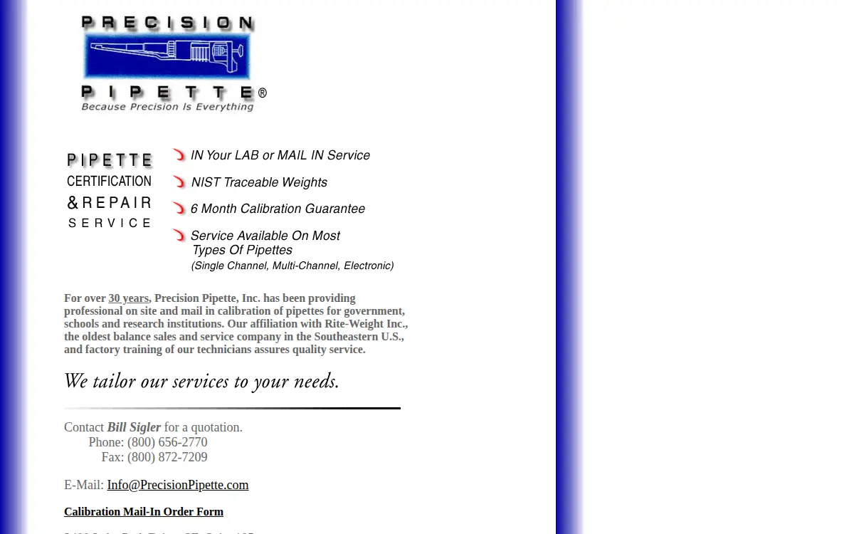 Homepage of Precision Pipette INC