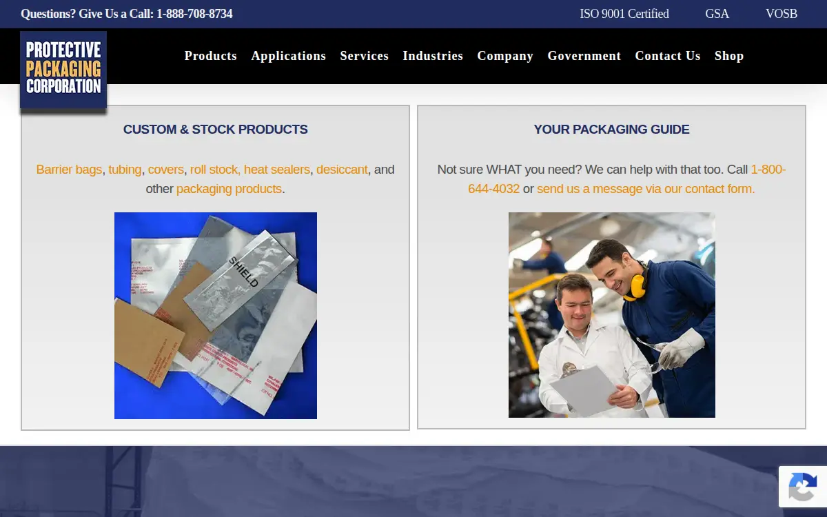 Homepage of Protective Packaging Corporation, INC.