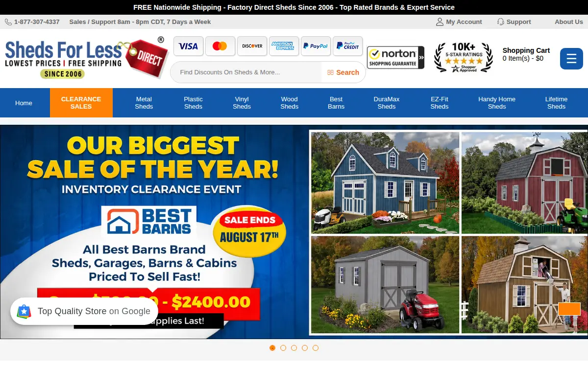 Homepage of Sheds Direct Stores, LLC