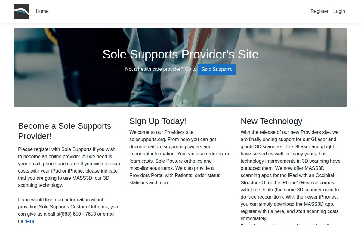 Homepage of Sole Supports, INC.