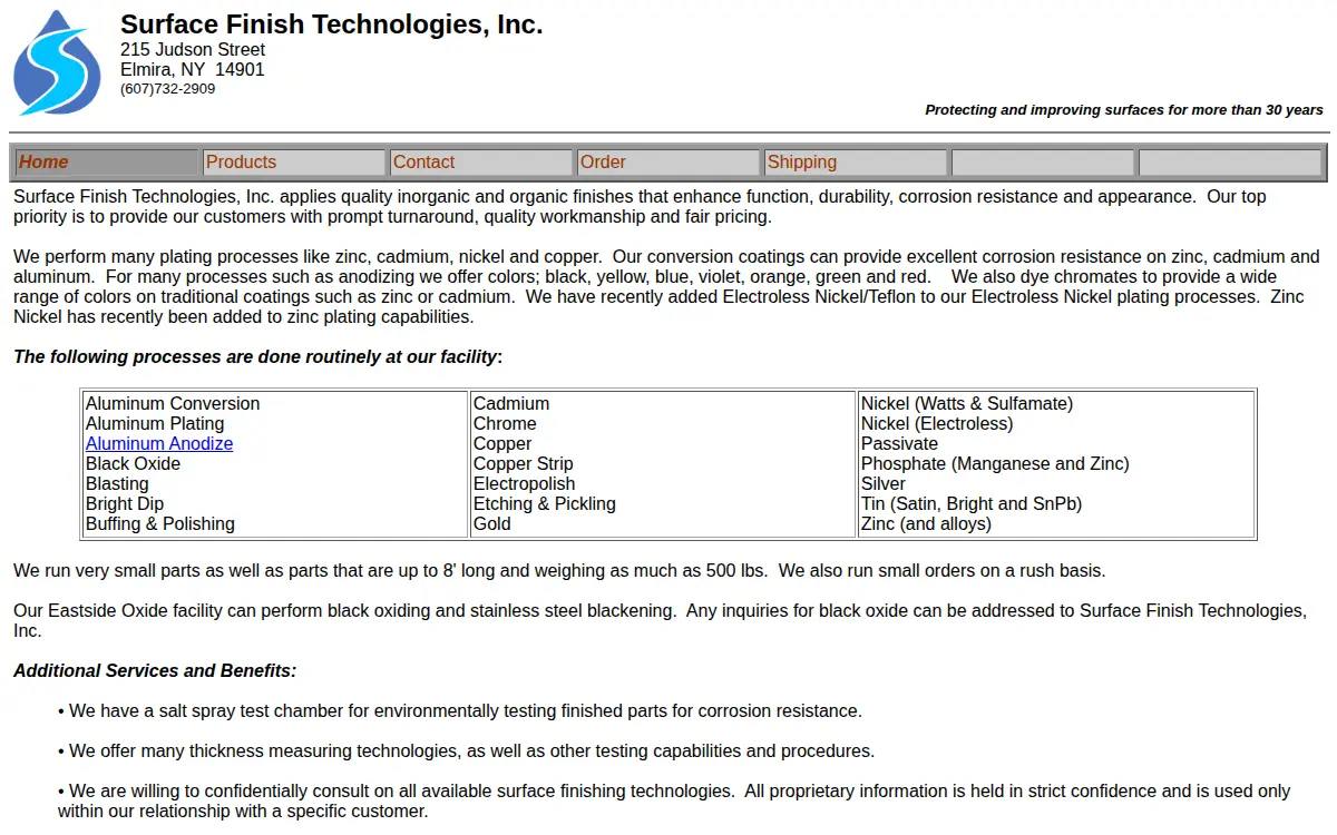 Homepage of Surface Finish Technologies, INC.
