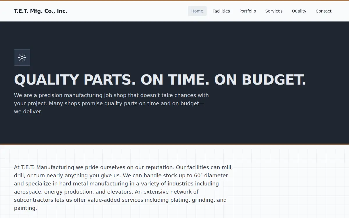 Homepage of T.e.t. Mfg. CO INC