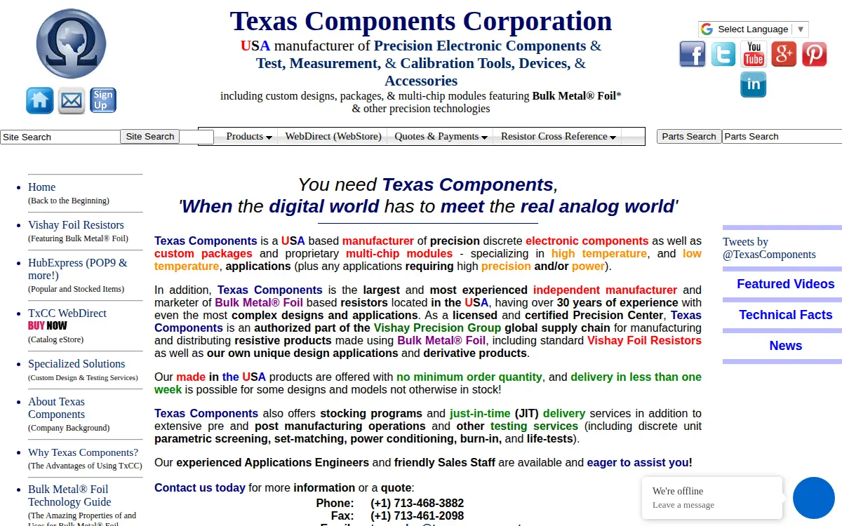 Homepage of Texas Components Corporation