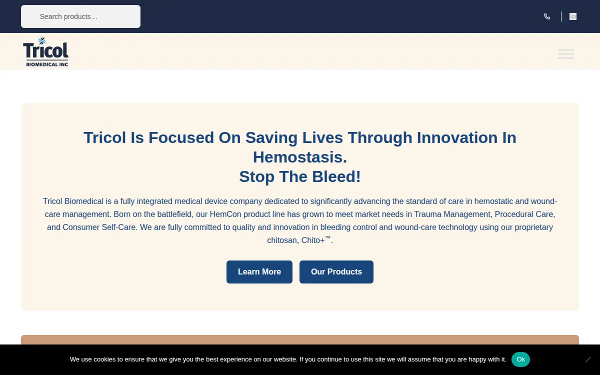 Homepage of Tricol Biomedical, INC