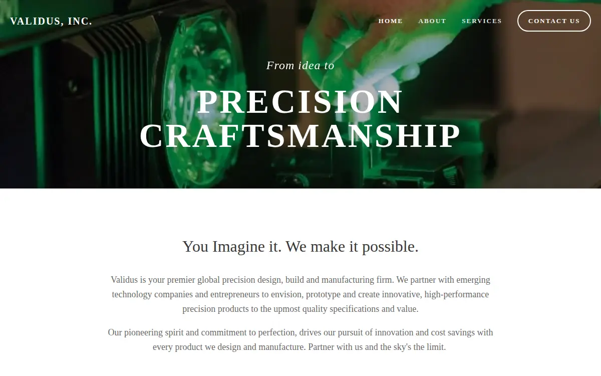 Homepage of Validus INC.