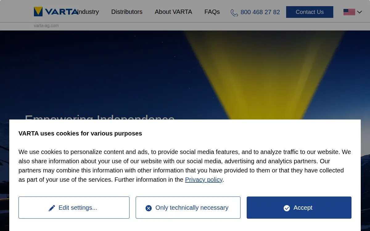 Homepage of Varta Microbattery, INC.