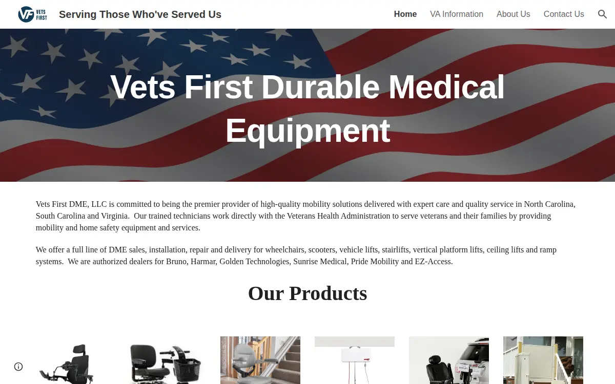 Homepage of Vets First Durable Medical Equipment LLC