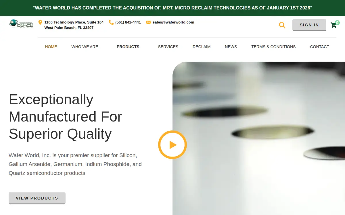 Homepage of Wafer World INC.