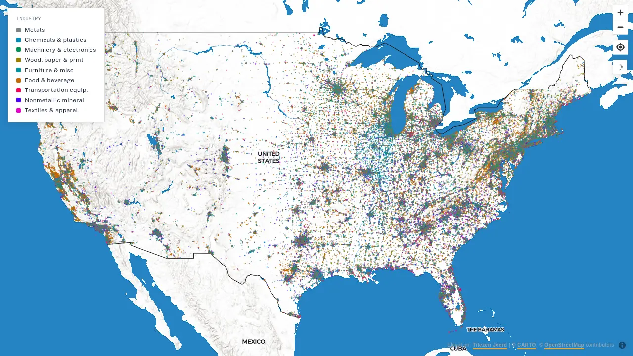 Map of United States manufacturing facilities